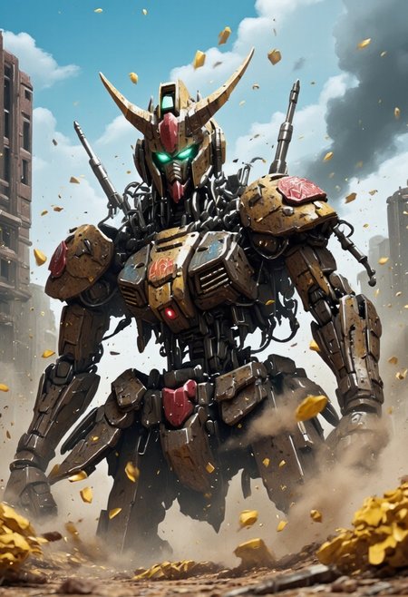 The gundam is a mobile suit mecha, it is heavily damaged and broken. It is from the anime Mobile Suit Gundam
The Gundam robot is rusted and broken, exposed wires and mechanic parts are sparking and on fire, one of the Gundams eyes glows red and the rest of its face is damaged. The gundam is missing an arm and kneels on a deserted battlefield. dust, debris and smoke surround the gundam. yellow flowers grow in the dirt