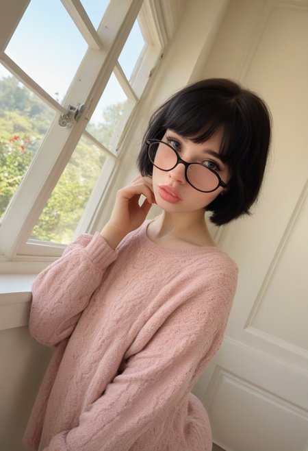 score_9, score_8_up, score_7_up, score_6_up, 1girl, perfect face, cute, bob cut hair, black hair, shy pouty, spring morning sun through window, cozy cottage, (Stable_Yogis_PDXL_Positives, librarian glasses,  (wide hips:0.8), thick plump bubblebutt, (feminine), (full thick lips),