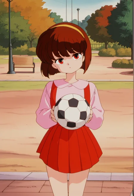 retro artstyle, anime screencap, anime screenshot, anime coloring, 1girl, solo, short hair, brown hair, red eyes, hairband, pink blouse, red skirt, pleated skirt, suspenders, head tilt, holding soccer ball, outdoors, park,  <lora:temari_ranma:1>, masterpiece, best quality, amazing quality, very aesthetic, absurdres, highres, newest