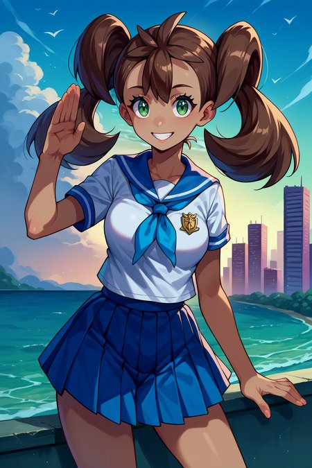score_9, score_8_up, score_7_up, score_6_up, source_anime, 1girl, solo, <lora:pkmnshauna-pdxl-nvwls-v1-000005:1>  defSana, dark-skinned female, twintails, brown hair, long hair, green eyes, white t-shirt, blue sailor collar, neckerchief, salute, smile, blue sky, ocean, city, blue pleated skirt, looking at you, medium breasts