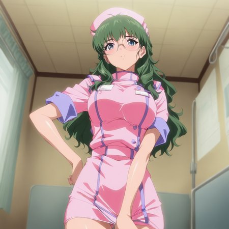 masterpiece,high score,great score,absurdres,1girl,solo,looking at viewer,cowboy_shot,<lora:Aoi_Akimoto ag4o v1:1> aoi_akimoto, green hair, long hair, blue eyes, glasses,nurse,
