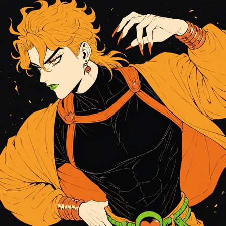 masterpiece, best quality, newest, absurdres, highres,  AGPV1.1, orange backgrond, monochrome,
1boy, dio brando \(jojo no kimyou na bouken\), blonde, green lipstick, long fingernails, green lips, jewelry, yellow eyes, yellow jacket, black shirt,