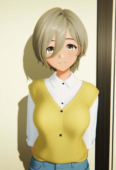 <lora:GBC_RUPA_illustrious-000042:1>,
GBC_RUPA,1girl,yellow eyes,hair between eyes,mole under eye,gray green hair,short hair,smile,mole,white shirt,looking at viewer,collared shirt,upper body,solo,closed mouth,breasts,cardigan,blush,sweater vest,yellow sweater,cowboy_shot,denim_shorts,3D