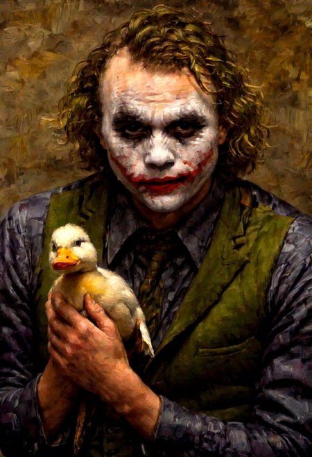 r3mbr4ndt, PEJoker, (old dark sharp fuzzy oil painting medium brush strokes:1.1) portrait of (The Joker:1.5), (holding a duck:1.5), green hair, rich textures, realistic facial expression, high detail, moody, vintage, brush strokes, oil paint, old canvas texture, Rembrandt Lighting Style