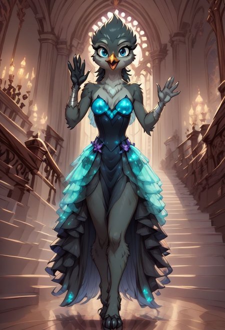 score_9, score_8_up, score_7_up, anthro,
(((Gabby))), Griffon,
facing viewer, front view, female focus, view from chesthight,
g5, pony, female, mare, tail, dock, solo, 1girl, highly detailed, beautiful, detailed eyes, detailed fur, beautiful eyes, (tall), ((perfect body proportions), (beautiful long legs),
small breasts, show accurate skin colour,
long hair, fluffy hair, biggest hair,
(((walking ((down)) a grand staircase))), (((waving to viewer))), ((happy, excited, smiling at viewer invitingly)),
(((wearing a beautiful eyecoloured bioluminescent shoulderfree ballgown))), glowing ballgown,
BREAK,
highly detailed background, (((nighttime))), night
inside Canterlot castle, ballroom, ((grand staircase)), mirror marble floor, (((dimmed lights in the room))),