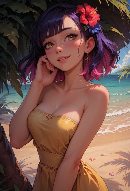 score_9_up, score_8_up, score_7_up, score_6_up, 1girl, 25 years old, perfect face, cute, petite,
yellow eyes, 
medium hair, multicolored hair, pink hair, purple hair, blue hair, hair flower, bangs,
hand on own ear,
yellow sundress, sleeveless dress, strapless dress, 
cowboy shot, legs, 
shy smile, 
beach,