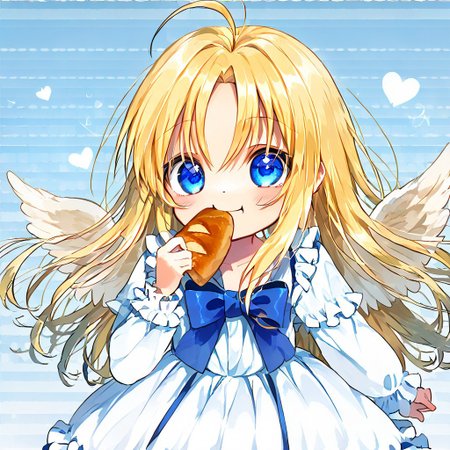 score_9, score_8_up, score_8, score_7_up, 
1girl, solo, AEFilo, blue eyes, blonde hair, ahoge, long hair, white wings, blue bowtie, white dress, frilled dress, frilled sleeves, long sleeves, barefoot, polka dots background, smile, eating, bread, loaf, eating, close shot, cute girl, looking at viewer,
cute, kawaii, hearts,