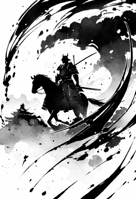 (best quality), sumi-e, watercolor style, ink splashes, silhouette art, samurai, japanese armor, ultra highres, absurdres, monochrome,