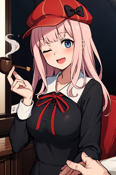 masterpiece, best quality, highres,caustics,  chika1, fujiwara chika, school uniform, black bow, black dress, red ribbon, long sleeves, blunt bangs, neck ribbon, collared dress, large breasts,<lora:fujiwaraChikaKaguya_v10:0.65>, holding smoking pipe,upper body, one eye closed, open mouth, smile, detective, blush, ;d,cute,red cabbie hat, headwear, hat bow,club activity,