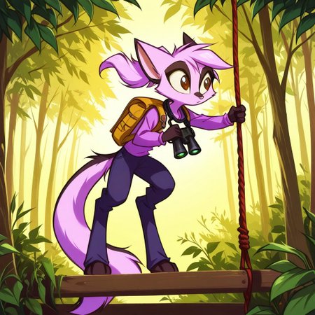 Dreamkeepers,1girl,Prelude_Vi,solo,furry,tail,source_furry,hazel eyes,
child, kid, 1boy, 
climbing a rope ladder to a tree platform, binoculars around her neck. A notebook peeks from her backpack, and leaves rustle in the wind, forest, rope_ladder, tree_platform, binoculars, notebook, backpack, hiking_boots, wind_blown_hair, nature, outdoors, climbing, leaves, research
