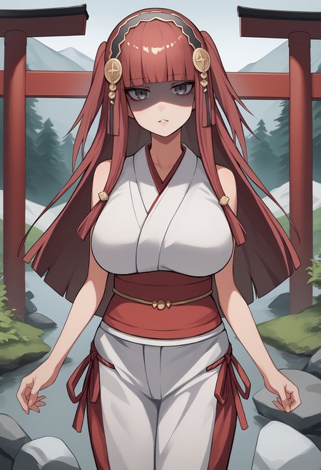 score_9, score_8_up, score_7_up, source_anime BREAK 1girl, solo,  <lora:rhajat-fe-richy-v1_pdxl:1> rhjt, grey eyes, long hair, two side up, shaded face, parted lips, looking at viewer, blunt bangs, hair ornament, hairband, large breasts, red hair, miko, torii, outdoors, mountain, forest