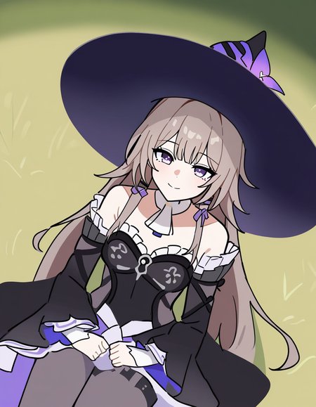 masterpiece, best quality, newest, absurdres, highres, safe,, <lora:the-herta-illustriousxl-lora-nochekaiser:1>, the herta, the herta (honkai: star rail), brown hair, long hair, purple eyes, medium breasts,, bare shoulders, black dress, black hat, detached sleeves, hat, hat flower, hat ornament, long sleeves, pantyhose, witch hat, savannah, grass, wildlife, hot, open, smile, from above, looking at viewer, solo,, cowboy shot, solo