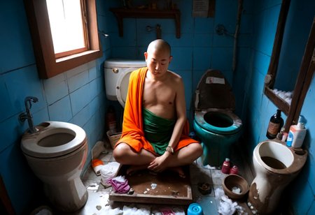 highres,4k,8k,RAW photo, Buddha, hobo-monk, Silhouettes of dazzling,rich colors,<lora:add_detail:0.7>,  award-winning, professional, highly detailed, meditating, easynegative, ruanyi0181,indoors,toilet, Buddha, monk in rags, DeepNegative_xl_v1, dirty toilet, mess, broken furniture, broken closet, dirty closet, poverty, dirt