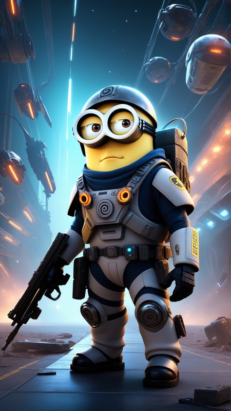 fantasy, archaeology  theme, <lora:MinionStyleXL:1> MinionStyle Style-GravityMagic,  solo, half shot, looking at viewer, detailed background, detailed face, (<lora:postapocalypseAI:0.4>, postapoAI, post-apocalyptic  theme:1.1), cyborg assassin, specialist soldier, wearing  battle-gear, gadgets, scars, helmet,   flag, stoic,  taking cover, dynamic movement, power-core, glowing  neon lights, fleet of spaceships in background,  floating particles, particle effects, intense atmosphere, as a minion