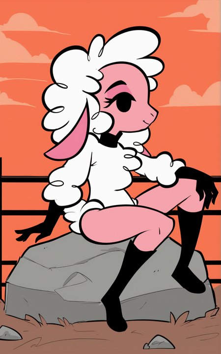 score_9, score_8_up, score_7_up,((best quality)), absurdres,((full body)),  <lora:3d-2d:0.8>,  <lora:LeggyLambPXL:0.8>,LeggyLambPXL,sheep ears, black gloves, long sleeves, gloves, furry, goat ears, white leotard, pink skin,black eyes, wool,body wool, kneehigh boots, slim skinny,farm, orange sky, sun,sitting on a rock,white hair,solo