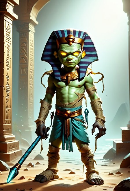 1boy, solo focus, Green Skin, Yellow Eyes, Egyptian Headdress, Mummy, Bandages, Loincloth, holding a staff, egyptianworld, dark aura, dark tomb, ancient Egyptian hieroglyphics, Glowing Runes, dr4maticessence, dramaticessence,