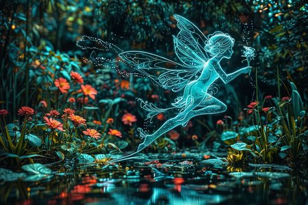 Close up photo of a ((water fairy)) gliding over a pond, reflections in the water, night scene. ral-exposure, in the style of double exposure, neon art nouveau, long exposure, wimmelbilder, layered lines, neonpunk, chiaroscuro, best quality, masterpiece, highres, absurdres, incredibly absurdres, huge filesize, wallpaper, colorful,8K,RAW, Style by J.C. Leyendecker. Canon 5d Mark 4, Kodak Ektar, 35mm,Long_Exposure <lora:ral-exposure-sdxl:0.400000>