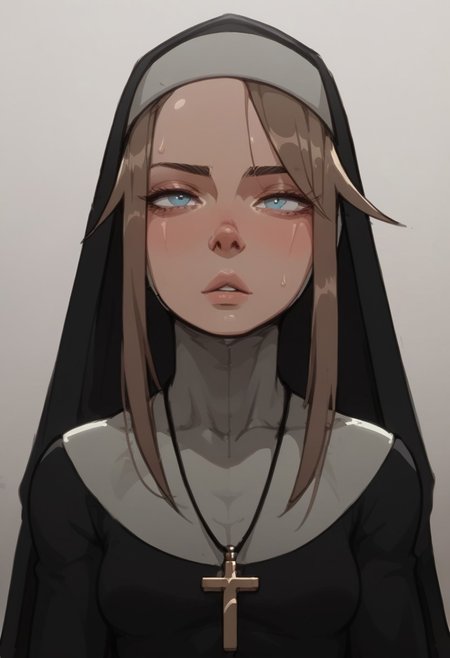 score_9, score_8_up, score_7_up,toned body,perky breasts,shiny skin,elegant woman,perky breasts,Gardie, brown hair, blue eyes, habit, nun , nun dress, cross necklace,in a sports gym