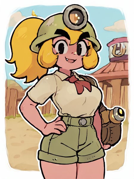 goombella, thick eyebrows, 1girl, pink skin, helmet,blonde hair,fang,outdoors,shorts,   ponytail, score_9, score_8_up, score_7_up, score_6_up, score_5_up, score_4_up <lora:Goombella_PDXL:1>  <lora:PaperPeachPony1.0:1> , solid oval eyes, white outline,, smile, outdoors, looking at viewer, hand on own hip,