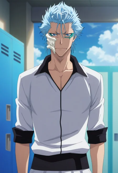masterpiece, best quality, , anime screencap, , official style, , depth of field, 1boy, solo, male focus, <lora:grimmjow_jaegerjaquez_ilxl:0.9>, grimmjow_jaegerjaquez, blue hair, blue eyes, facial mark, arrancar, mask, short hair, rule of thirds, locker room, day, clouds, arms at sides, wavy mouth,
