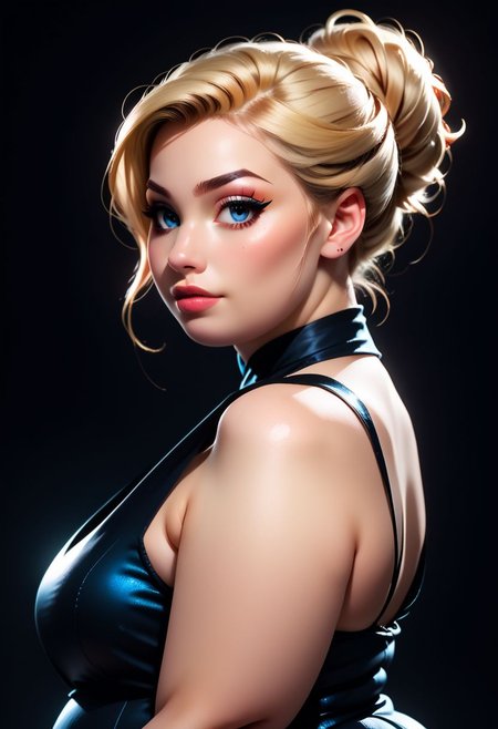 score_9, score_8_up, score_7_up, score_6_up, score_5_up, score_4_up score_9,score_8_up, digital art, female portrait, realistic 3D illustration, blue eyes, blonde hair, elegant updo, soft lighting, contemplative expression, dark background, subtle makeup, high-resolution, detailed texture, emotional depth, dramatic mood, classic black dress, side profile, serene atmosphere, cinematic lighting, fat, obese, big belly.
