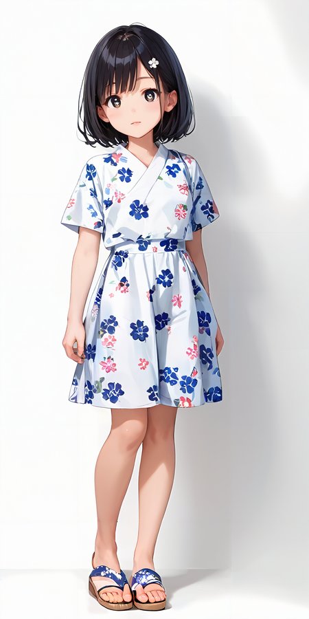 score_9, score_8_up, score_7_up,source_anime, high res image,masterpiece,best quality,girl,cute face,clear skin,shiny hair,ultra detailed eyes,simple background, 
 <lora:jinbei_Pony_V1.0:0.8> jyojifuku, floral print, short sleeves,sandals