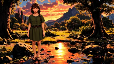 dutch braid dark red hair young woman, druid, illustration, comic, anime, extremely detailed, portrait, standing, happy smile, flower in hair, glossy lipstick, celtic necklace, zipper earrings, loincloth, sandals,  Lightsaber Green druid short dress, legs, sharp focus, fantasy, celtic landscape, small rock, moss, ripples, reflections, celtic  castle, small river pond, druid forest, druid village, stunning nature environment, enchanted land, clovers, Bright Eucalyptus flowers, best quality, colorful, wet floor, bright sunny sky, sunset, raytracing, hdr, high contrast, ethereal natural lights, backlight, lens flare, shadows, vibrant colors, colorful, pretty, beautiful, happy, smiling, feminine, sexy, lovely, in love, adorable, fashion,  <lora:Hand v2:1> <lora:Anti-Blur:1><lora:Insane Detail Slider:0.5>  <lora:flux.1_lora_flyway_Epic-detail_v2:0.3><lora:fluxenhancer:0.5> <lora:RetroAnimeFluxV1:0.4> <lora:Luminous_Shadowscape:0.4>