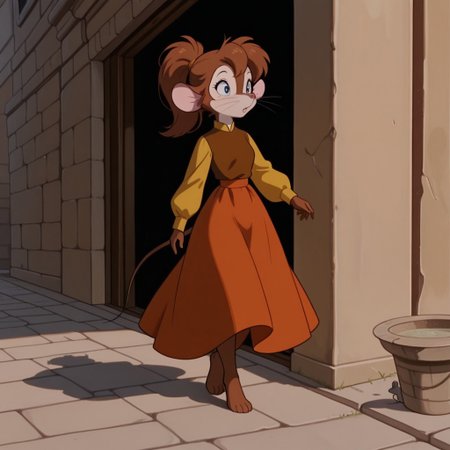 masterpiece, best quality, amazing quality, tanyafgwil, anthro, female, mouse, brown fur, blue eyes, brown hair, ponytail,  whiskers,  dress, orange skirt, brown shirt, long sleeves, yellow sleeves, barefoot, walking, outside