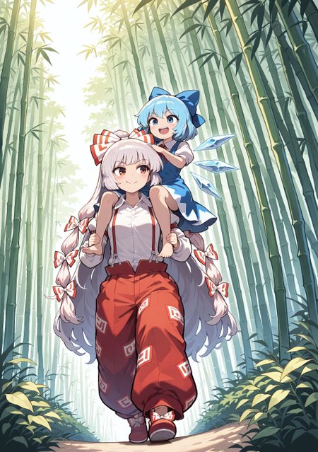 masterpiece, best quality, amazing quality, absurdres, colorful, very aesthetic, 2girls, (cirno), (fujiwara no mokou), shoulder carry, sitting on shoulder, walking, smile, bamboo thicket, bamboo forest, 