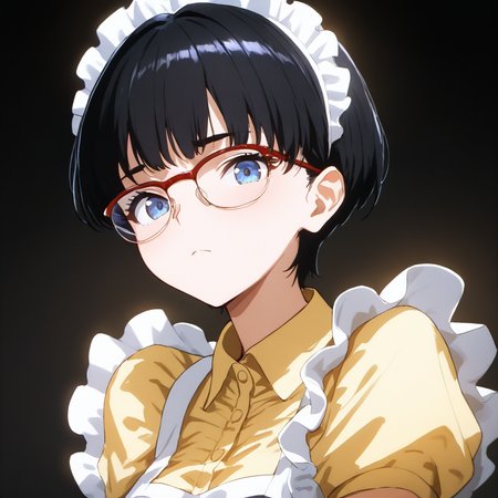 upper_body,portrait,looking at viewer,masterpiece,high score,great score,absurdres,<lora:Arisu_Kurata ag4o v1:1> arisu, black hair, short hair, glasses, blue eyes,maid,yellow shirt,