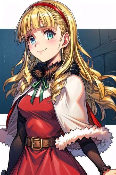(best quality) , (highly detailed) ,masterpiece ,absurdres ,detailed face ,beautiful face ,(detailed eyes, deep eyes, anime eyes) ,1girl , solo, upper body, slight smile, small breasts
 CatherineDigimon, 1girl, solo, long hair, blonde hair, long sleeves, red dress, red hairband, blunt bangs, fur trim, redcapelet, drill hair, blue eyes, green ribbon, fur-trimmed capelet, headband, jewelry, belt, cape, hoop earrings, blue skirt, brown shoes, Cape, Smile, Happy,
