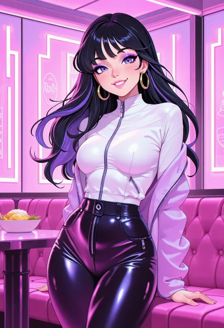 masterpiece, best quality, amazing quality, 1girl,, solo, ,,<lora:lavenderAndTeal_illustrious_byJaneB:1>, lavenderandteal,
black hair, long hair,, beautiful, pretty, cute, eyeliner, pink lips, parted lips, bangs, purple eyeshadow, medium breasts, , smile,, , ,two-tone hair, hoop earrings, jacket, leather pants, 
, restaurant, cute, , hair aside
