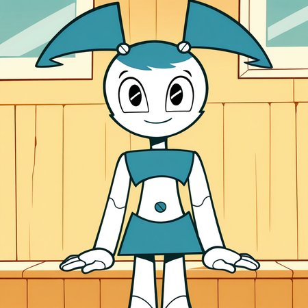 (masterpiece), (best quality), absurdres, intricate details, highres, <lora:XJ9_ILLUS_2:1> , xj1, 1girl, twintails, jenny wakeman, robot,  robot, android, robot joints,  crop top, skirt, looking at viewer, black eyes, smile, no nose,