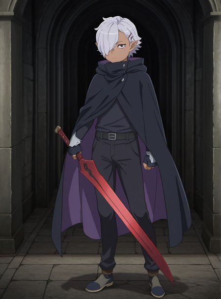 masterpiece,best quality,amazing quality,very aesthetic,absurdres,newest, huge filesize, <lora:spo_sdxl_10ep_4k-data_lora_webui:0.5>, <lora:add-detail-xl:1> 
fullmetal alchemist, official art, 
BREAK
<lora:DANMACHI_V3:1>DANMACHI_V3, weapon, sword, pointy ears, holding weapon, hair over one eye, gloves, holding black and red sword,  fingerless gloves, elf, grey hair, black cape with purple inner, male focus, dark skin, D_Hogni, black shirt, long sleeves,  black pants,shoes, black belt, standing,  tight clothes, hairpin,skinny,sidelocks,aged down,