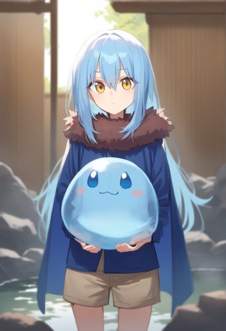 score_9, score_8_up, score_7_up, score_6_up,
tsepmet_urumir_xl, rimuru tempest blue hair, cape, fur trim, long hair, yellow eyes, hair between eyes, blue fur trimmed jacket, holding slime \(creature\), cute, = =. + +, fur pants,
official wallpaper, onsen, backlighting, cowboy shot,
<lora:Rimuru_Tempest_XL_Pony:1>