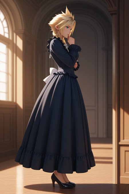 masterpiece, best quality,highres, absurdres,scenery, cinematic, intricate detail,anime,1boy, solo, male focus , , ,<lora:cloud:0.80>, cloud strife,blonde hair,blue eyes,short hair,long hair, long sleeves, dress, bow, ribbon, hair between eyes, standing, full body, braid, hair bow, frills, shoes, alternate costume, black footwear, black dress, high heels, twin braids, frilled dress, hand up,white bow,frilled sleeves, crossdressing, long dress, grey bow,from side
