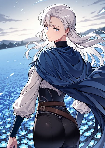 <lora:Artemis__The_Return_of_the_Disaster-Class_Hero__Illustrious:1>
1 girl, solo, blue eyes, long hair, white hair, breaid, french braid
belt, black pants, white shirt, blue cape
score_9, score_8_up, score_7_up, very aesthetic, source_anime, detailed, high quality, beautiful, masterpiece, detailed eyes, field, blurry background, pose dynamic angle, upper body, cowboy shot, light smile, looking back, reaching out, floating hair