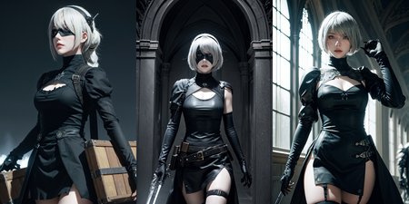 (otherworldly), highly insanely detailed, masterpiece, top quality, best quality, highres, 4k, 8k, RAW photo, (very aesthetic, beautiful and aesthetic), Cyborg, 
__lazy-wildcards/cosplay-char/Nier/2b/prompts__, 
<lora:Cyborg-models-542854:0.6>, 
(1girl, solo:1.6), 
BREAK
__lazy-wildcards/dataset/background__, (fantasy world)âââ