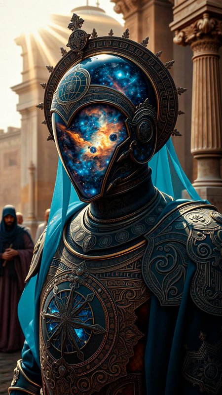 (Hyperreality: 1.3), (Cinematic shooting: 1.3), (Score 9, score 8: 1.3), (Detail: 1.3), (Best quality: 1.3), (High resolution: 1.3), (complex details: 1.3), (refined details: 1.3), photography in the style of detailed hyperrealism oil painting portrait , Astral chimerical entity in byzantine-esque regalia, obsidian and aureate hues, dynamic three-quarter shot. Diaphanous nebulae helmet reveals nebulous cosmic luminescence. Elaborate, tessellated armillary sphere etched onto armor, echoing celestial cartography. Sun-drenched dilapidated temple backdrop with supplicants in ecclesiastic raiment. Accentuate meticulous filigree and ethereal iridescence. Add palpable atmosphere, imbuing air with desiccated antiquity