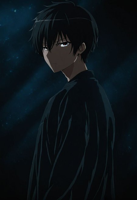 high resolution, solo, best quality, 1Boy, Kanie Seiya, Black Hair, cool, Mysterious black background, Movie lighting, a sense of atmosphere, OverallDetail