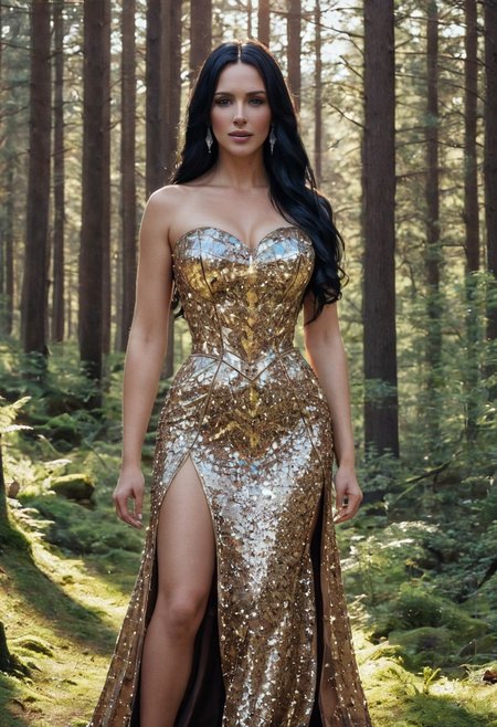 (score_9, score_8_up, (((realism, photograph), (photorealistic), realistic)), intricate detail), (soft lighting, sunset lighting), (beautiful woman, sexy woman, young woman, 20 years old, Celtic woman, (slender woman:1.7)), (detailed face:1.2), (smooth hair, long hair, black hair:1.8), ((cobalt blue, crystalline dress:1.1), (sleeveless, bare arms, strapless)), (cleavage:1.6), walking in a forest, 8k uhd, dslr, high quality, film grain, Fujifilm XT3