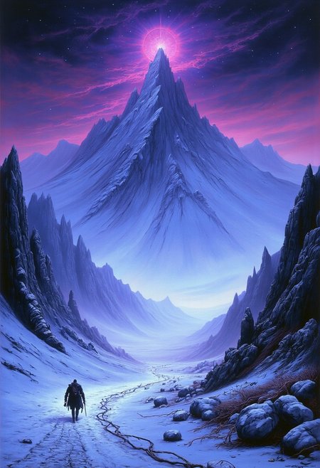 80sdarkfantasylora, oil matte painting, detailed painting, masterpiece, dark starry skies, wires in snow, intricate wiring comes from outside the frame and connects to the glowing sphere up top the peak, colored wires, black skies covered in waves of puprle energy, extremely far away and vast view of a snowy lake and snowy mountains, purple glow from the mountains, from above view, sense of scale, extremely detailed, intense snowstorm, frozen lake that reflects world in a different bright colors, circular energy coming from the tall ice peak in the distance its covering whole picture, cracks in the ice realistic,