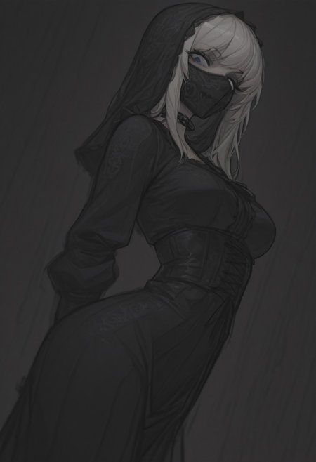 masterpiece, 8K, depth of field, focused subject, best quality,newest, absurdes, 1girl, solo, platinum blonde with black hair tint, highlighted hair, blue eye, white eye, lace mouth veil, steel mouth mask, chain choker, martial art master, prisoner, female warrior, east traditionalism through cyberpunk aesthetic, sharp focus demonstrate dangerous female character, main antagonist of story, sexy and deadly, look at viewer, grunge background, gradient, high contrast, sharp focus, mysteri ambience, victorian steampunk aesthetic, dutch angle, low angle shot, from side, black sundress, lace, frills, dark theme, gothic, sensuam, seamless, shading, sketch art style, sharp focus, arsmjstyle,