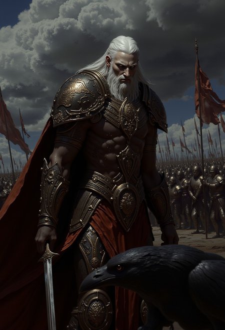 dark fantasy illustration, (highly detailed, intricately detailed), masterpiece, 8k, HDR, best quality, (highly detailed skin),  magnificent celtic goddess of war leading troops to battle, raven, full body shot, menacing pose, dynamic scene, action pose, pale skin, celtic tattoos, ceremonial armor, armor decoration, determination, sword, shore