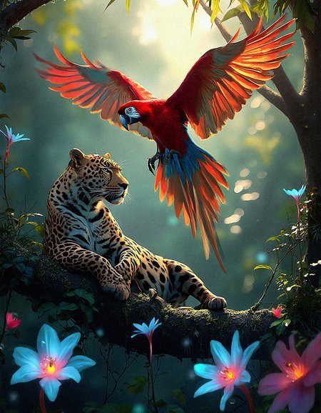  a hyper-realistic image of a vibrant jungle where a Scarlet Macaw flies above a relaxed leopard, amidst a scattering of glowing, enchanted flowers. The macaw’s wings are fully extended, with each feather detailed and catching the sunlight, which enhances the reds, blues, and yellows in a vibrant display. The leopard is positioned on a sturdy branch, with its limbs draped over and its eyes partially closed, as if enjoying the peaceful surroundings. The jungle foliage is lush and green, but interspersed with ethereal flowers that glow with an inner light, casting hues of blue, pink, and purple that seem to shimmer in the twilight.

The glowing flowers should appear almost otherworldly, with petals that look translucent and emit a gentle, ambient light. The interplay of natural sunlight and the soft glow from the flowers creates a dynamic and harmonious blend of realism and fantasy. The background should fade into a soft blur, giving a sense of depth while maintaining the focus on the central subjects. The scene should evoke a sense of magical realism, capturing the beauty of the natural world with an added layer of fantasy that makes the jungle feel enchanted and alive with mystical energy.


