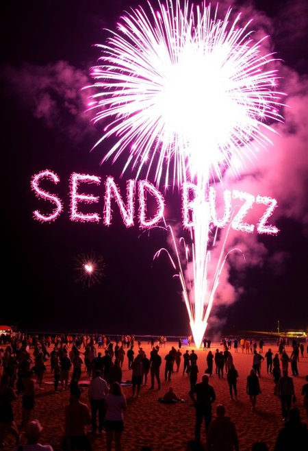a colorful fireworks display on the beach, a crowd of people watching as the phrase SEND BUZZ is formed as the fireworks explode in the sky. (EXTREMELY DETAILED)