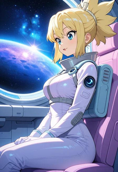 kohaku_(dr_stone),  :3, ultra detailed, masterpiece, best quality, 1girl, solo, adult, indoors, space suit, sitting, seat, windows, futuristic vehicle, space, stars, galaxy, pastel colors, vintage, intricate detailed, finely detailed, amazing detail, from side, smile, :o, awe, shadows, dim lighting, cowboy shot,