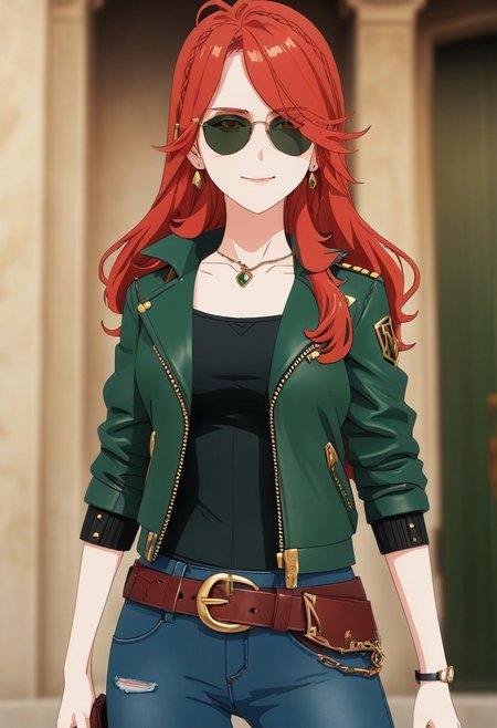 absurdres, 4k res, high quality, score_7_and_above, 1girl, solo, masterpiece, Lucrezia_UM, red hair, , green leather jacket, black sunglasses, black shirt, necklace, earring, belt, jeans, brown shoes, portrait, seductive smile, highly detailed, side view, looking at viewer, good eyes, city background