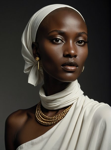 portrait, bald Kenyan girl, fine features, hyper-detailed black eyes, white scarf, thin and muscular face, full lips, gold necklace, white tunic, (Helmut Newton style, Annie Leibovitz, Richard Avedon), fashion photography, pose high contrast studio, side lighting, black background, photographic quality, 4K
