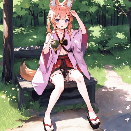 nojaoji,solo,1girl,<lora:nojaoji:1.0>,pink cloths,brond hair,fox ears